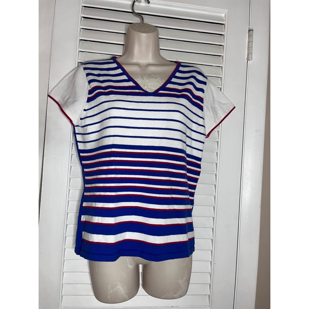 Vtg Carducci  Large Red White Blue Striped V-Neck Knit Short Sleeve Top Sweater